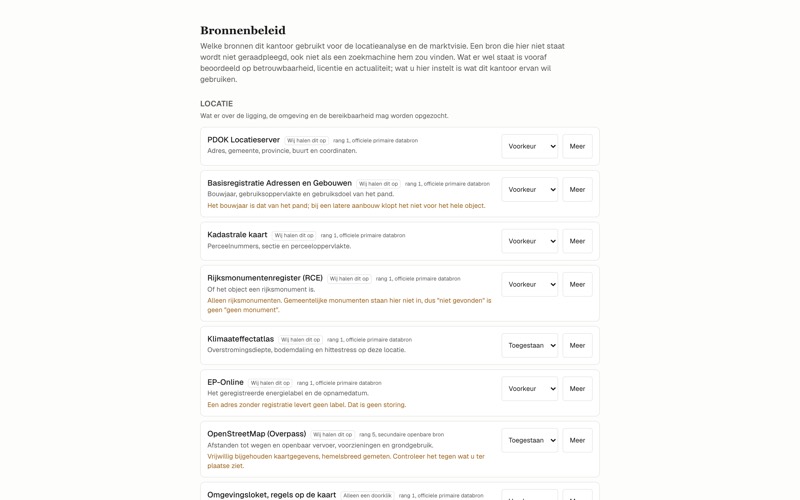Het scherm Bronnenbeleid, met per bron wat hij levert en een keuze tussen voorkeur, toegestaan en uit.