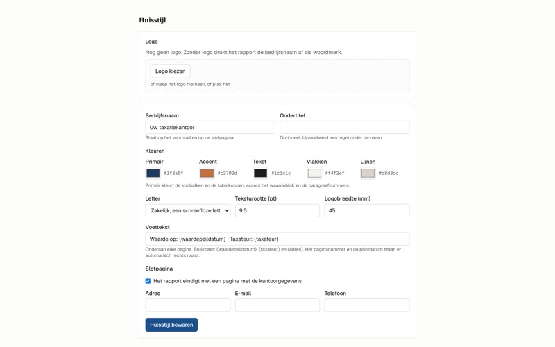 Het instellingenscherm huisstijl: logo, bedrijfsnaam, ondertitel, de kleuren primair, accent, tekst, vlakken en lijnen, het lettertype, de tekstgrootte en de regelafstand.