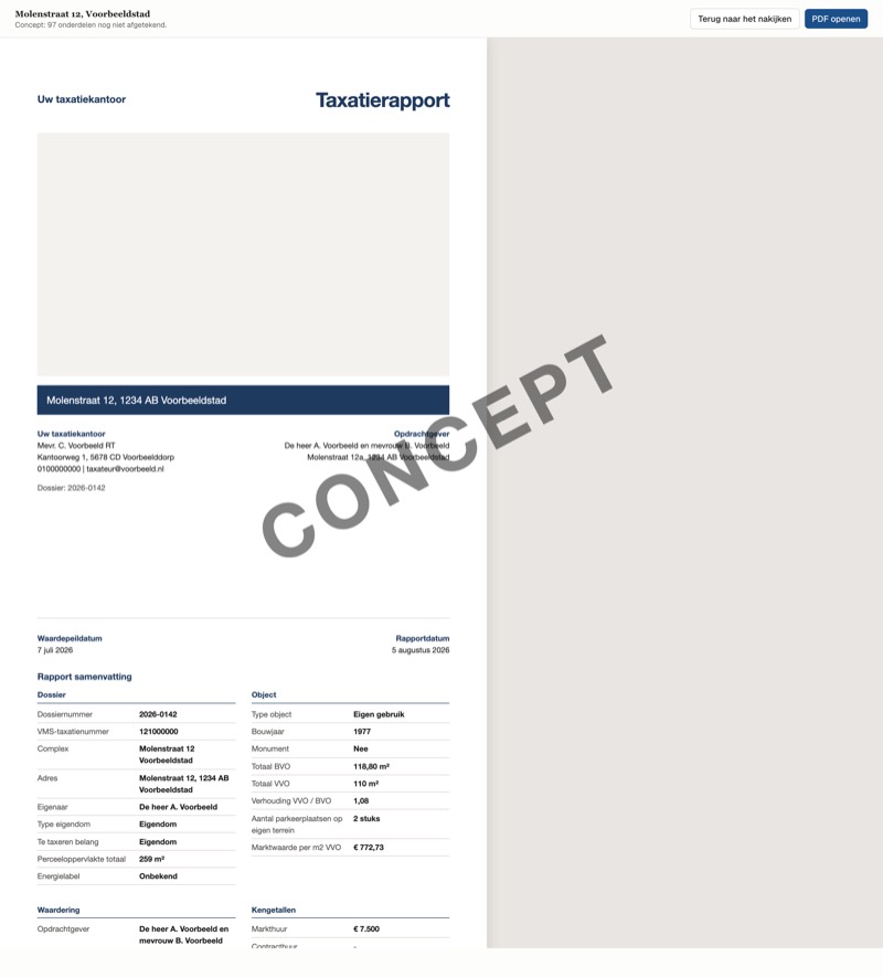 Het rapport in de voorvertoning met het merkteken CONCEPT er diagonaal overheen, en onderin de melding dat 97 onderdelen nog niet zijn afgetekend.