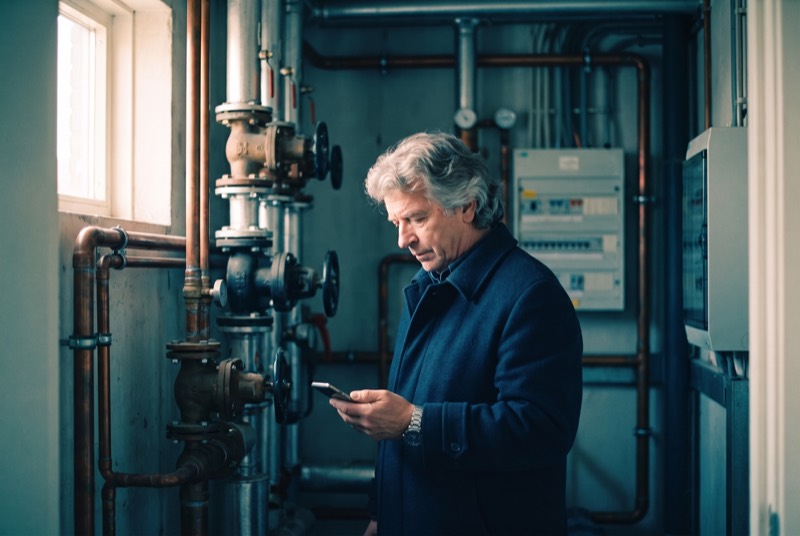 Een taxateur staat in een smalle technische ruimte tegenover een wand met leidingen, afsluiters en een verdeelkast, en bekijkt die met zijn telefoon laag in zijn hand.